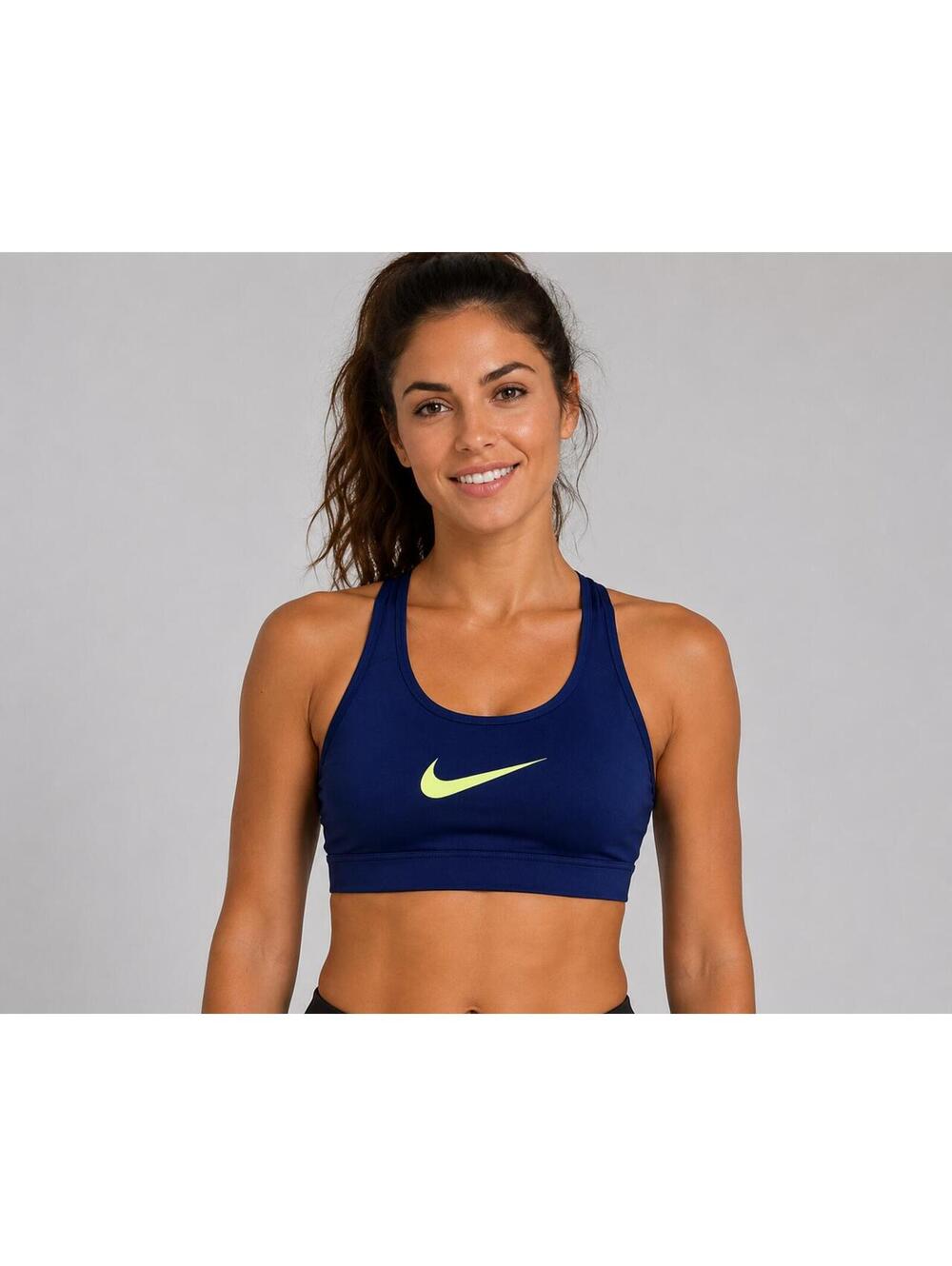 Nike Dri-FIT Sports Bra Large Navy Blue Neon Yellow Racerback Athletic Gym
